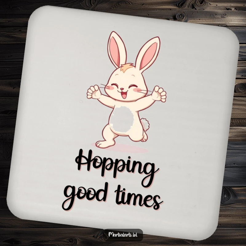 Funny bunny coasters showcasing a bunny blocking a kick, offering humorous and cute table protection.