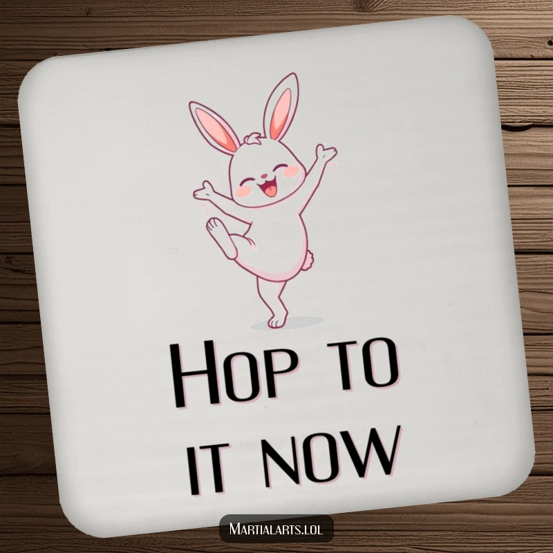 Funny Bunny High Knee Coasters: A cheerful bunny performing a high knee lift, offering playful protection for surfaces and a dose of cute humor.