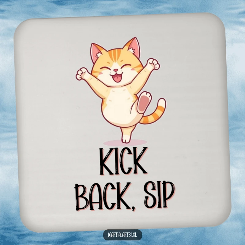 Funny cat coaster depicting a happy cat humorously performing a high kick with a determined expression, perfect for protecting tables.