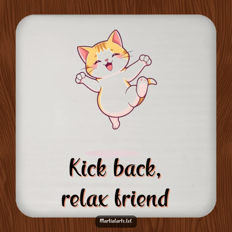 Funny Cat Coaster with a jumping cat executing a playful roundhouse kick, offering humorous surface protection.