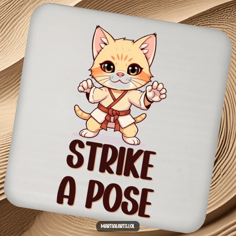 Funny curious kitten in a martial arts pose on a drink coaster, a focused and humorous table accessory.
