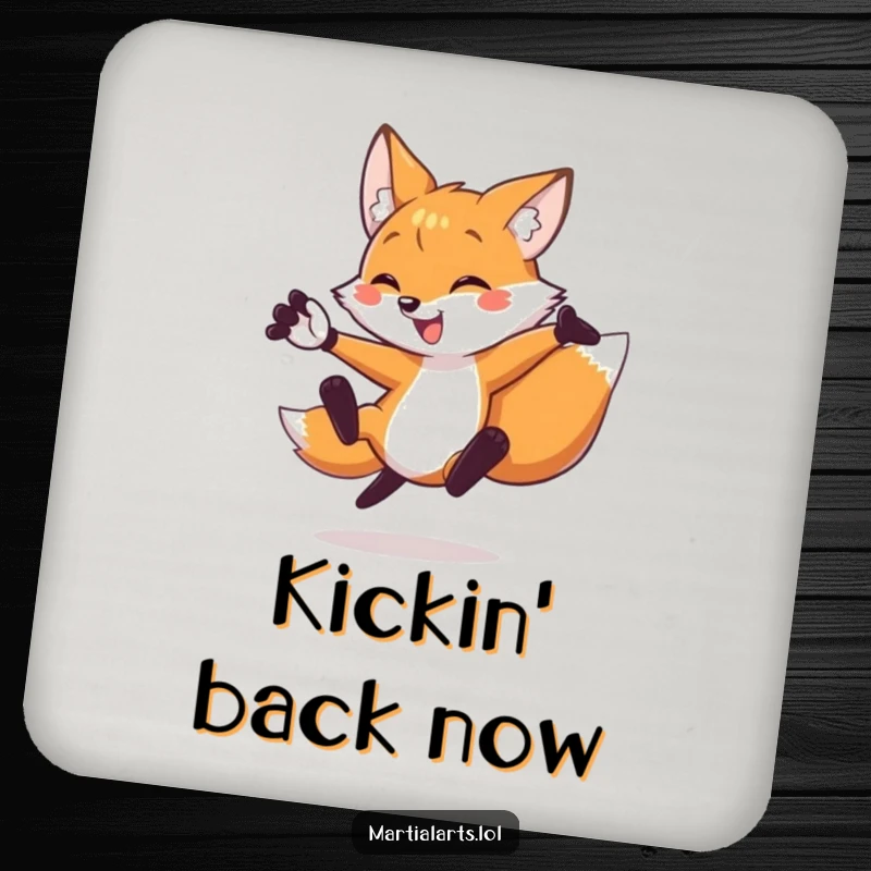 Funny fox coasters showcasing a fox executing a flying side kick, offering humorous table protection.
