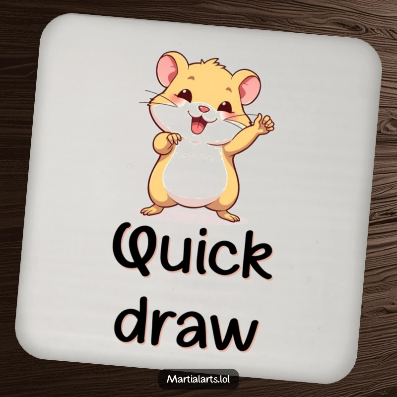 Funny drink coasters with a beaming hamster striking a powerful martial arts pose, adding comical flair.