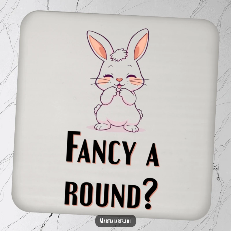 Funny drink coaster featuring a playful bunny bowing with a mock strike, adding humorous protection to any surface.