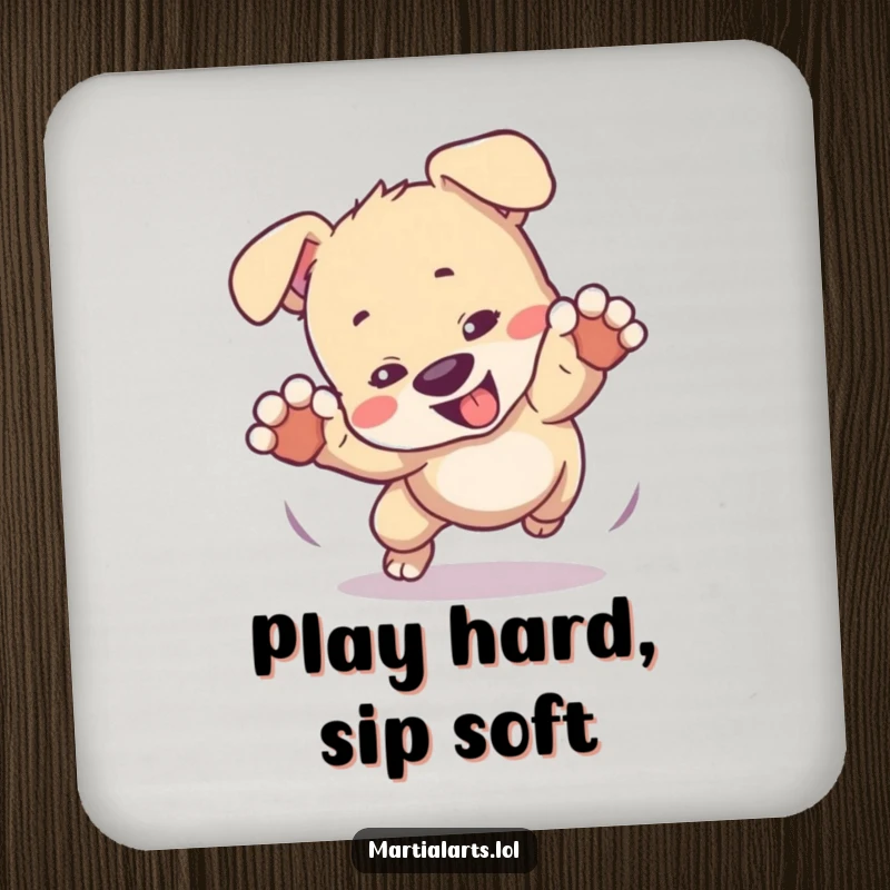 Funny drink coaster with a playful puppy tumbling in a mock fight, protecting surfaces with a humorous, cute design.