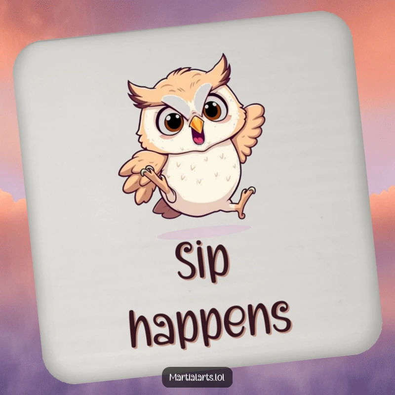 Funny startled owl coasters featuring an owl tumbling, adding fun to drinks.