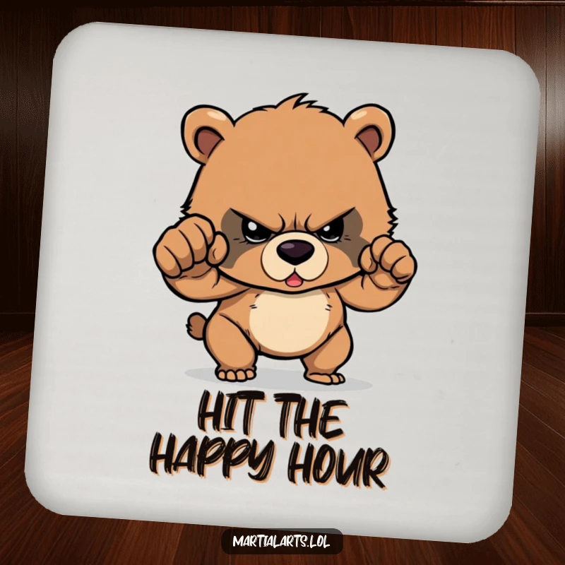 Funny Coaster: A determined bear cub is shown prepping a powerful punch, adding fierce humor to drink protection.