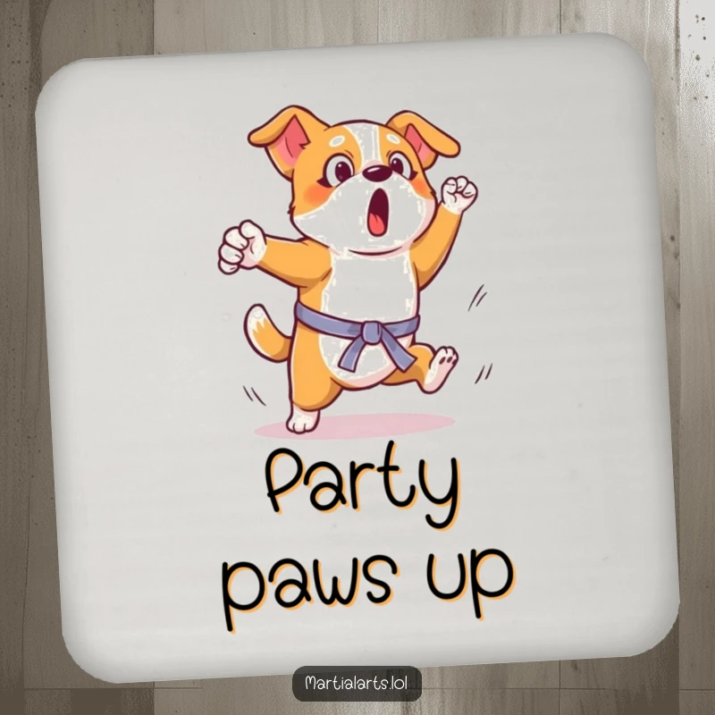 Funny Dog Kick Coaster: A surprised dog attempting a funny kick, protecting surfaces with humorous flair.