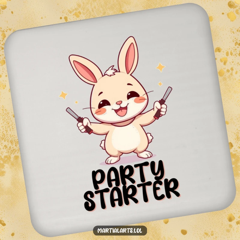 Funny Rabbit Coaster featuring a cheerful rabbit juggling nunchucks with a wide smile, protecting surfaces with humor.