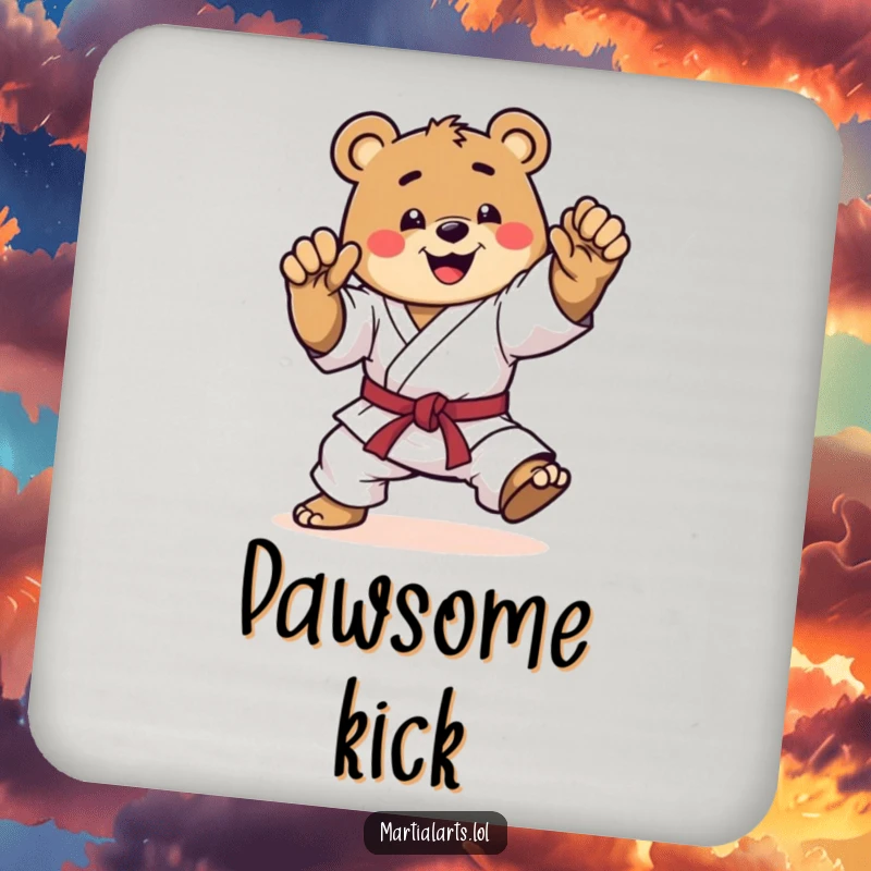 Funny karate bear drink coaster, a happy bear in a dynamic mid-kick, protecting surfaces with martial arts flair and a humorous design.