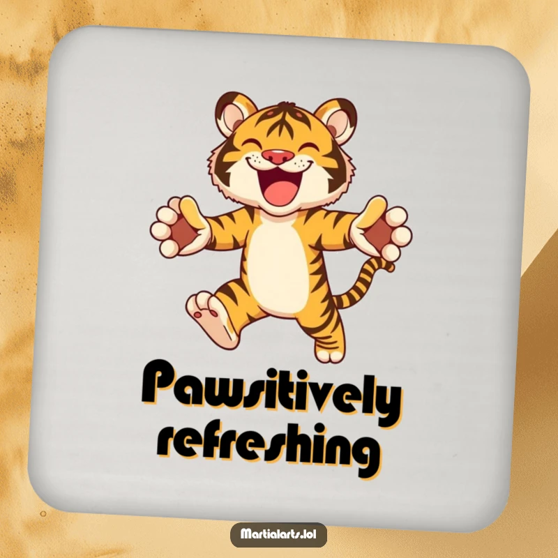 Funny drink coaster with a joyful tiger mid-leap, protecting surfaces with a humorous and energetic animal design.