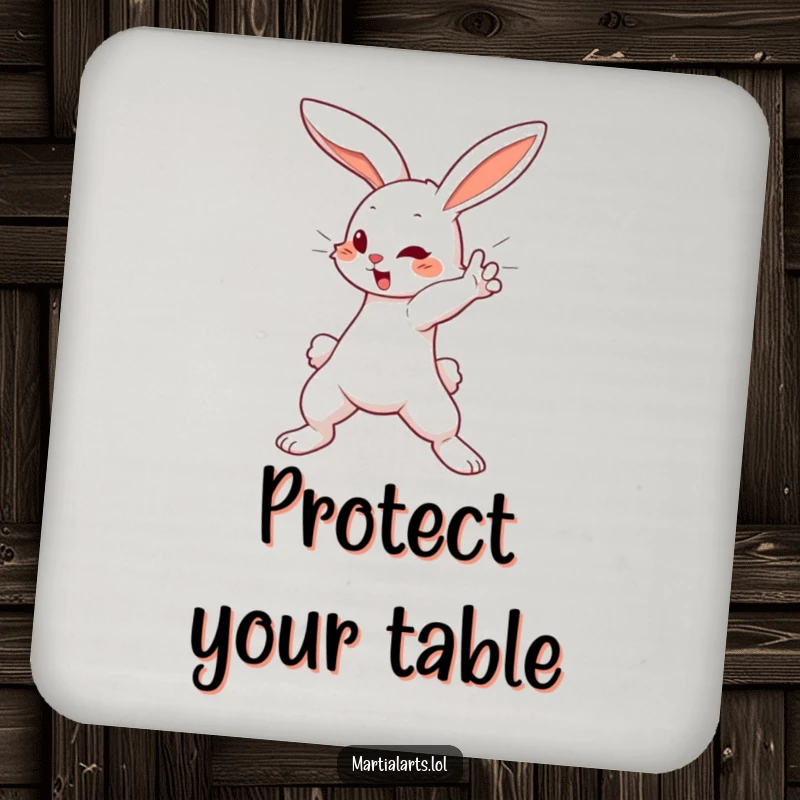 Funny Drink Coaster: A cute bunny executing a swift blocking motion, humorously defending surfaces from drink rings.