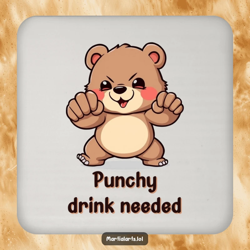 Funny Drink Coaster: A brave bear demonstrating a powerful punch, humorously protecting surfaces from drink rings.