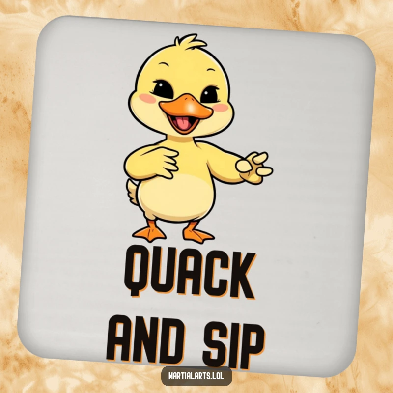 Funny giggling duck mimicking a martial arts move with its beak, ready to protect your drinks on these coasters.