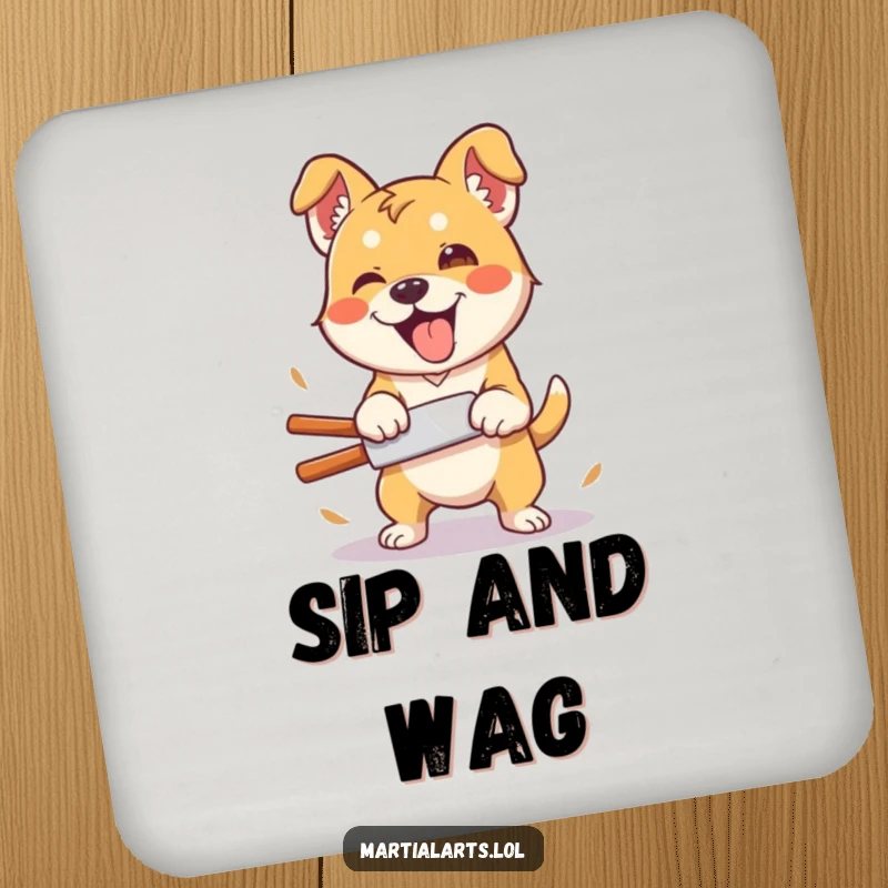 Funny Dog Coaster: A silly dog performing a clumsy, enthusiastic karate chop, protecting surfaces with humor.