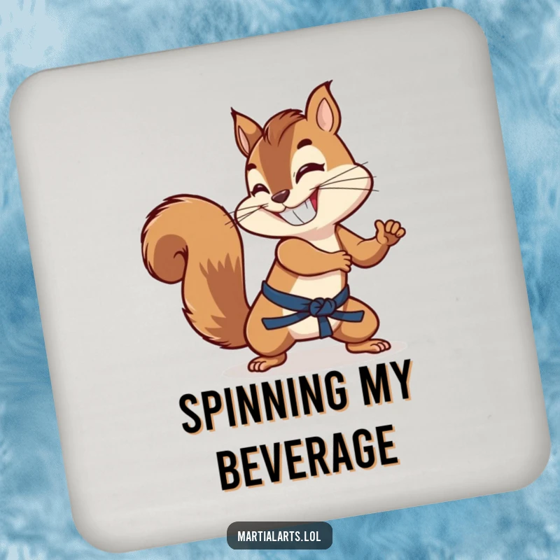 Funny grinning squirrel using its tail as a martial arts weapon, ready to protect your drinks on these coasters.