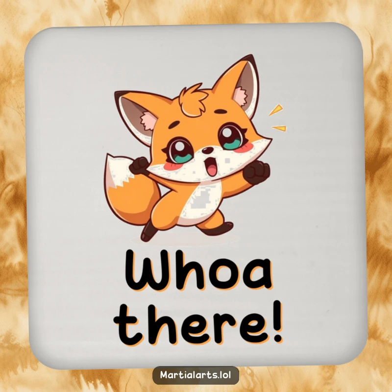 Funny drink coasters with a surprised fox dodging a punch, offering protection with amusing evasive decor.