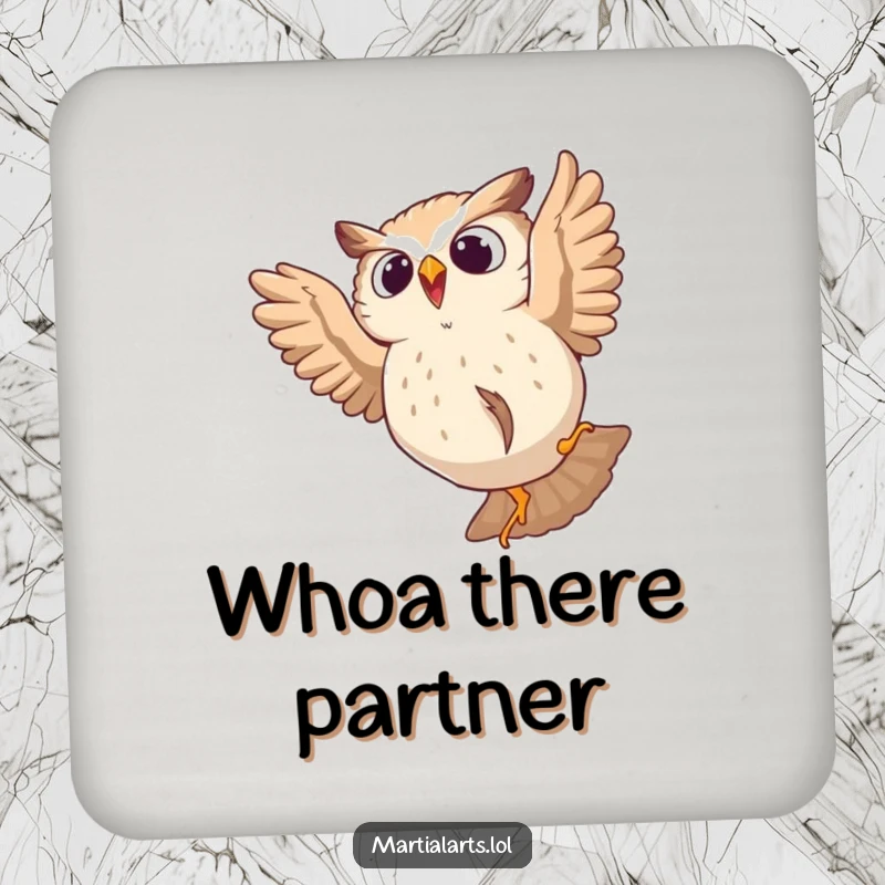 Funny drink coaster featuring a startled owl tumbling from a leap, adding humorous protection to any surface.