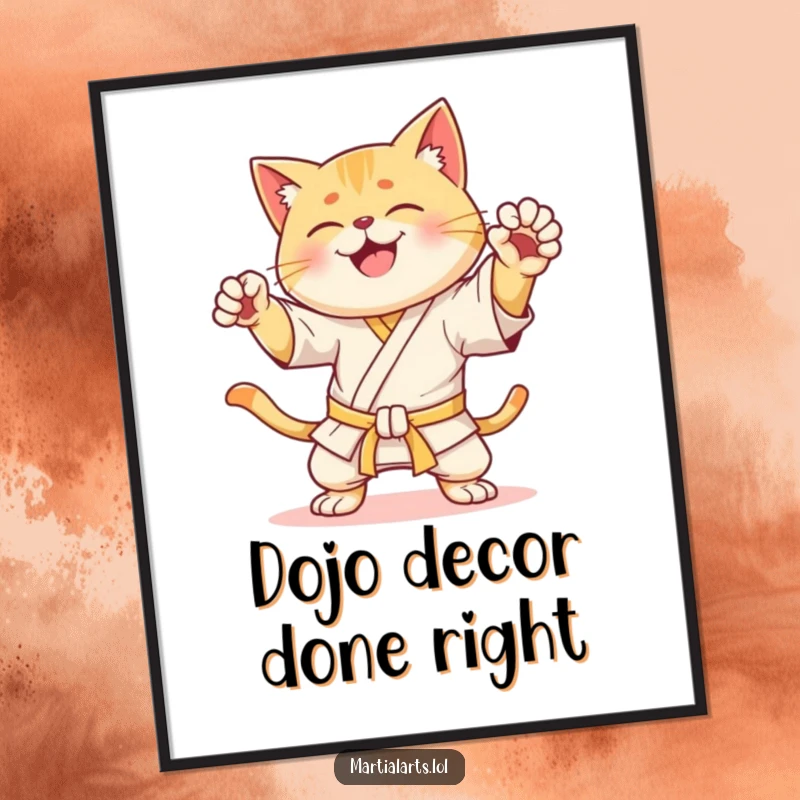 Funny Poster: A happy cat in a dynamic karate stance, ready for action, bringing humorous martial arts energy to your wall.