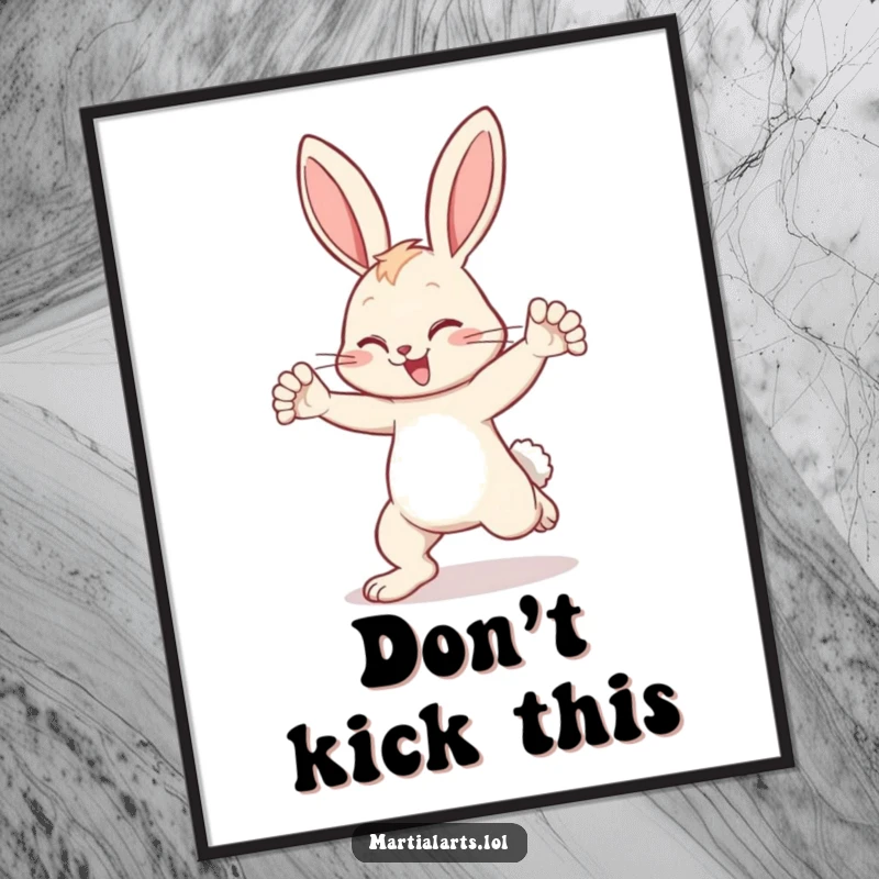 Funny bunny poster capturing a happy bunny swiftly blocking a kick, showcasing its surprising defensive skills.