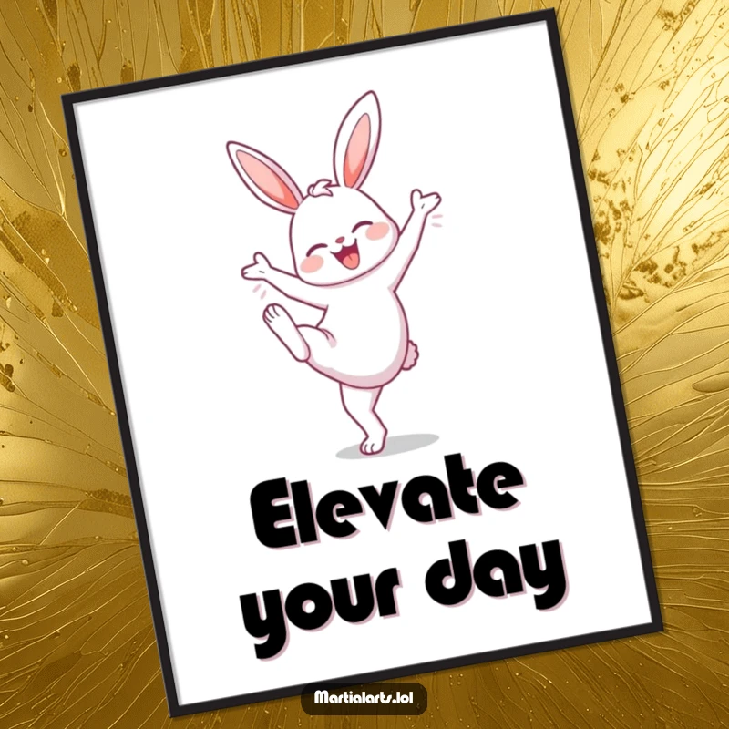 Funny Bunny High Knee Poster: A cheerful bunny performing a high knee lift, bringing energetic humor and a cute, motivating vibe to wall decor.