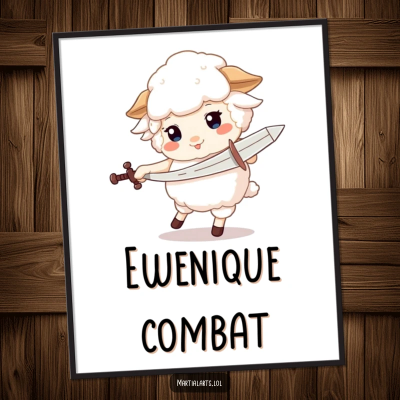 Funny poster depicting a fluffy sheep playfully spinning with a pretend sword, creating a scene of comical adventure.