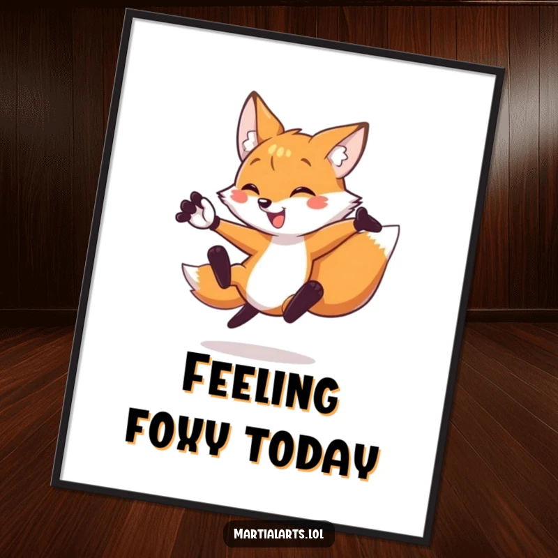 Funny fox poster capturing a cheerful fox in mid-air, performing a spectacular flying side kick with amazing precision.