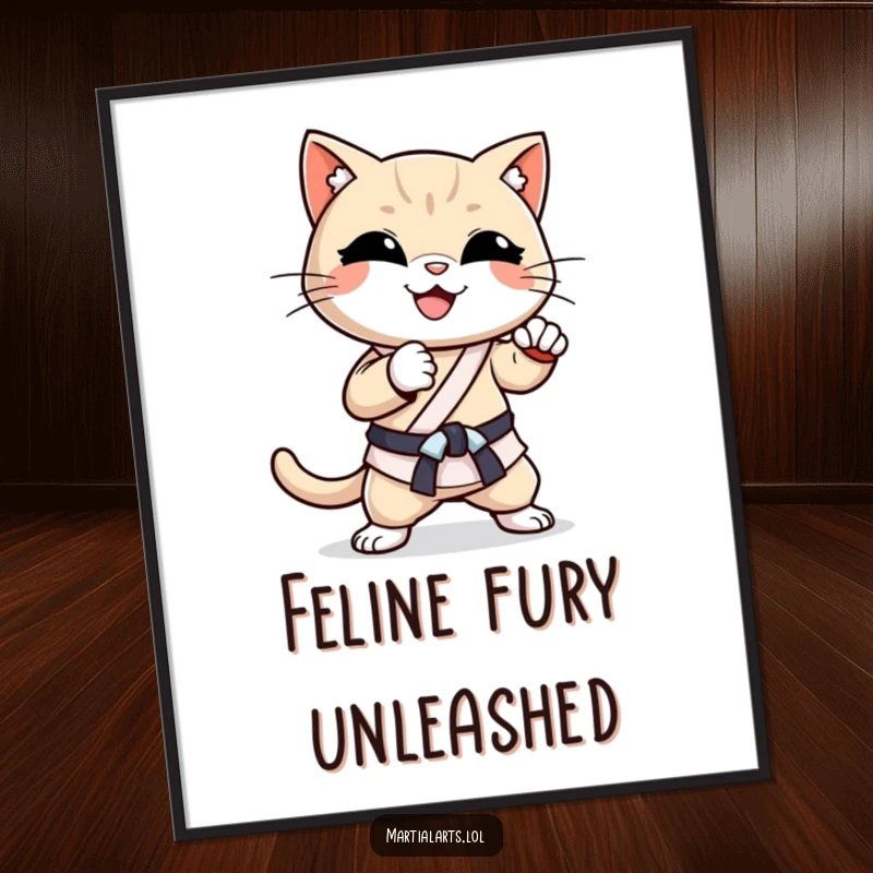 Funny Cat Karate Chop Poster: A happy, smiling cat in mid-karate chop, bringing playful energy to any room.