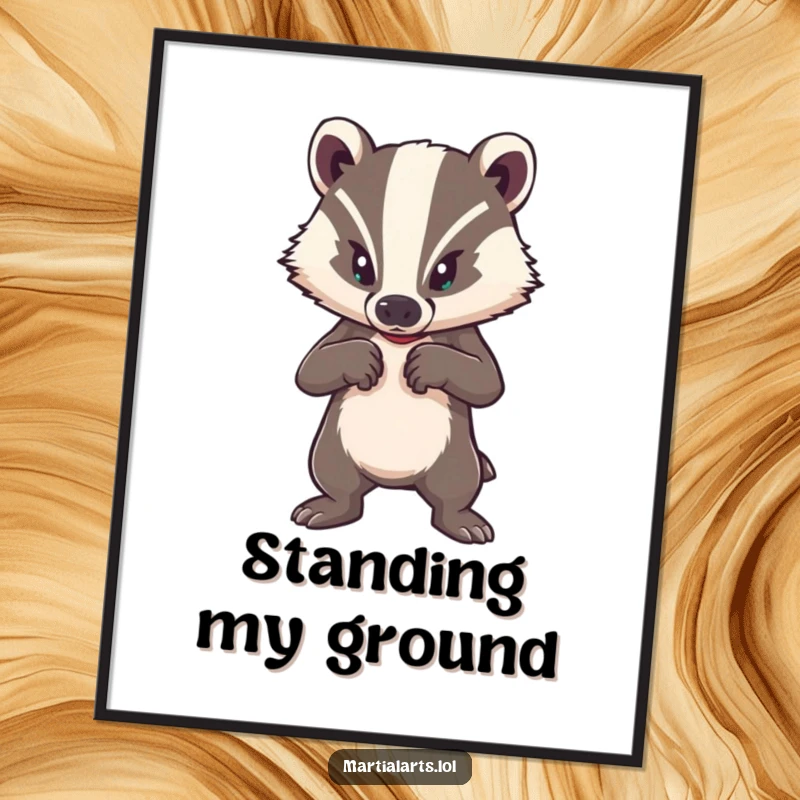 Funny poster of a brave badger in a strong defensive posture, symbolizing courage and resilience humorously.