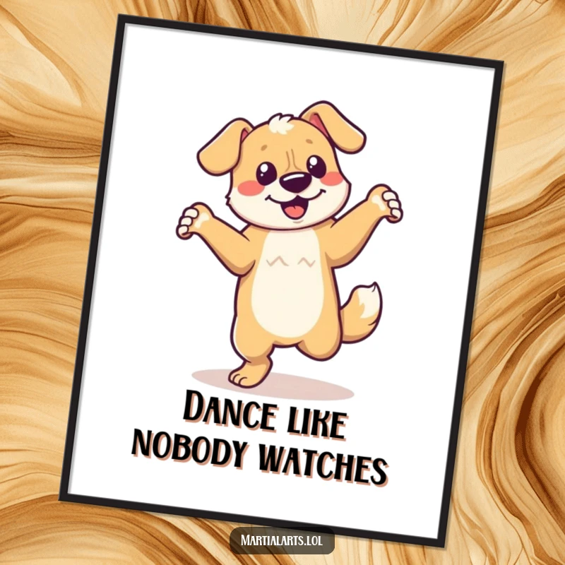 Funny dancing dog poster illustrating a dog's exuberant, energetic spin, bringing motion to the wall.