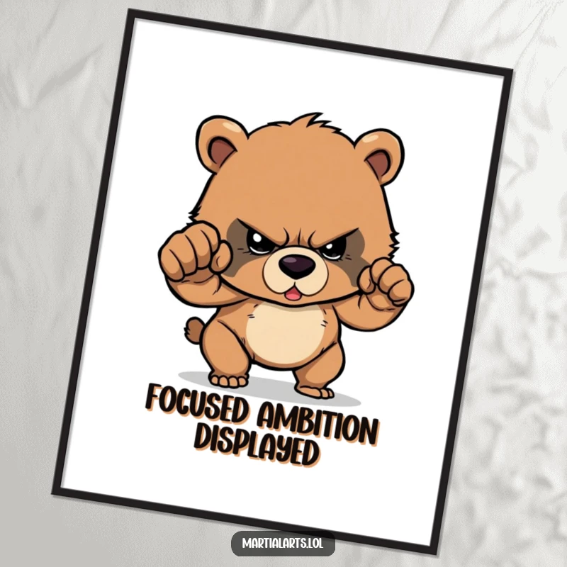 Funny Poster: A cute bear cub displays intense concentration, ready to deliver a powerful, cartoonish punch.