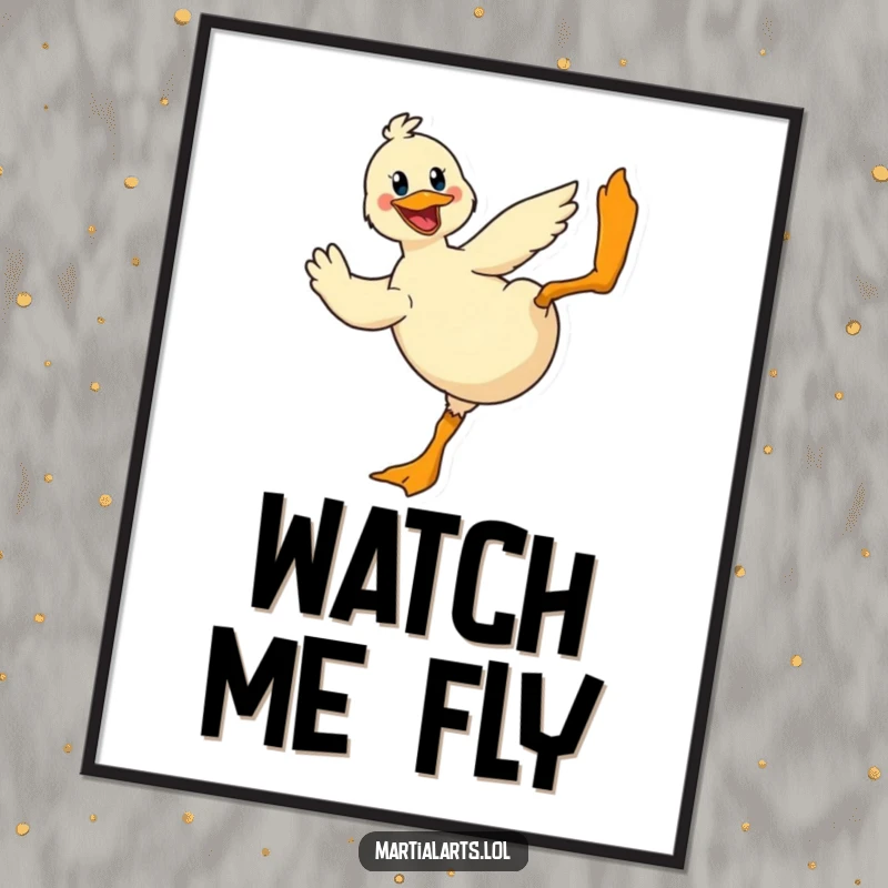 Funny Duck Poster: A cheerful duck performing a dramatic flying kick, adding hilarious energy to wall art.
