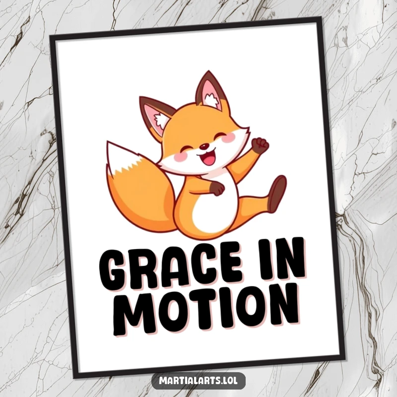 Funny Fox Flying Kick Poster: A vibrant depiction of a fox in a playful flying kick, bringing dynamic humor and visual interest to any room.
