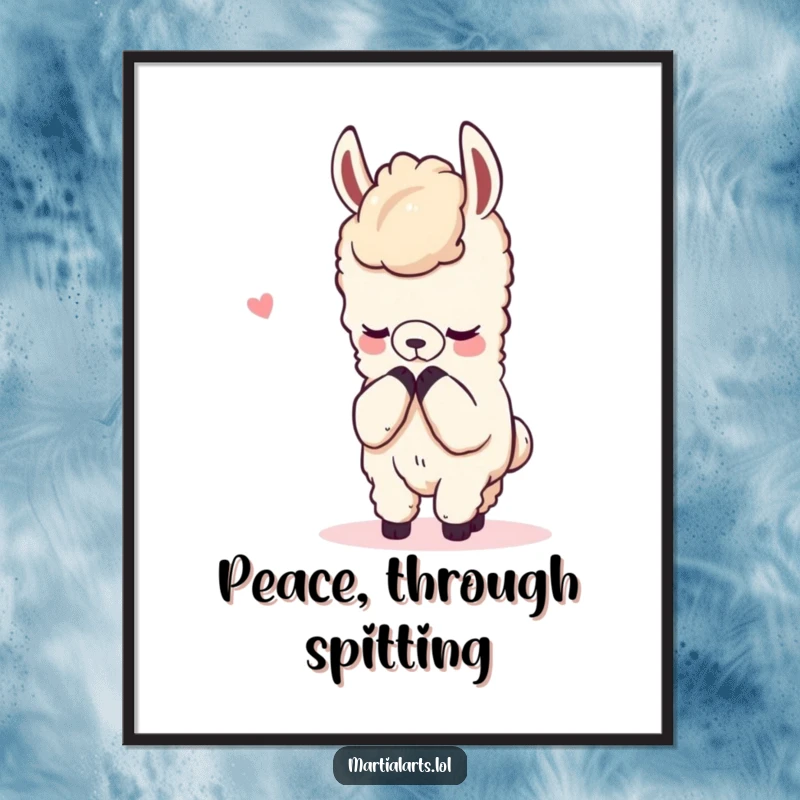 Funny poster depicting a content llama bowing respectfully after a mock fight, creating a scene of serene sportsmanship.