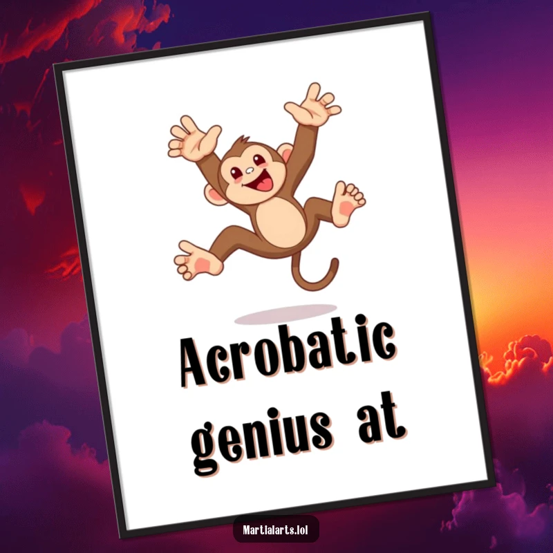 Funny monkey flip poster, a mischievous monkey mid-air during a playful acrobatic flip, creating vibrant and humorous wall art for any room.