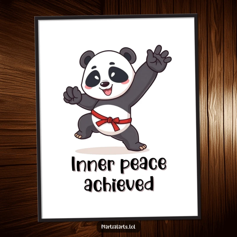 Funny poster of a happy panda in mid-air, executing a high martial arts kick, full of energy and playful spirit.