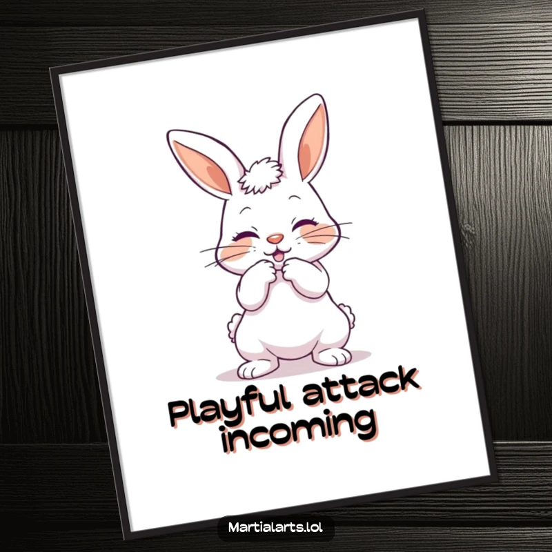 Funny poster of a playful bunny bowing with a mock strike, creating a humorous and adorable visual.
