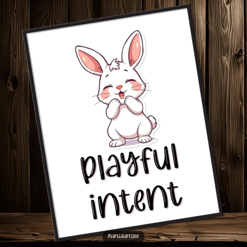 Funny playful bunny poster showing a bunny in a mock strike pose, full of playful energy.