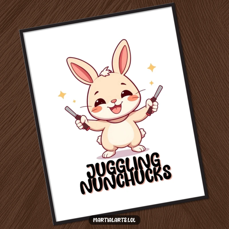 Funny Rabbit Poster featuring a cheerful rabbit juggling nunchucks with a wide smile, adding humor to any space.