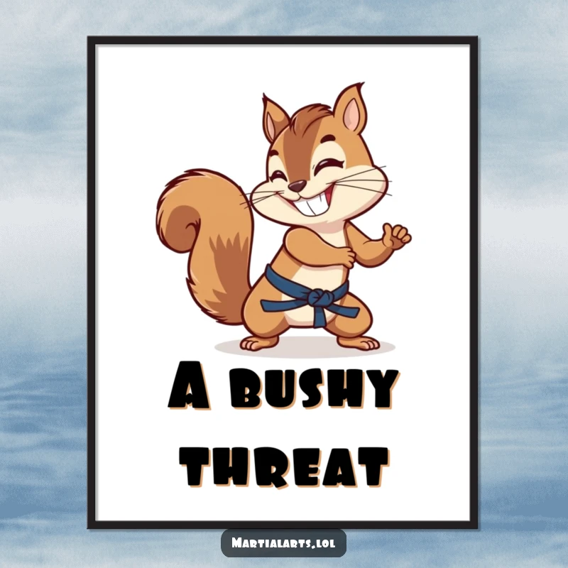 Funny squirrel with a grin, using its tail as a martial arts weapon, presented as dynamic wall art.