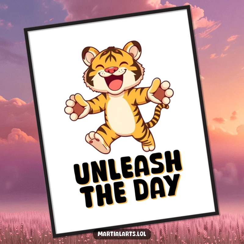 Funny poster featuring a joyful tiger mid-leap, conveying power and exhilaration, ideal for animal art lovers.