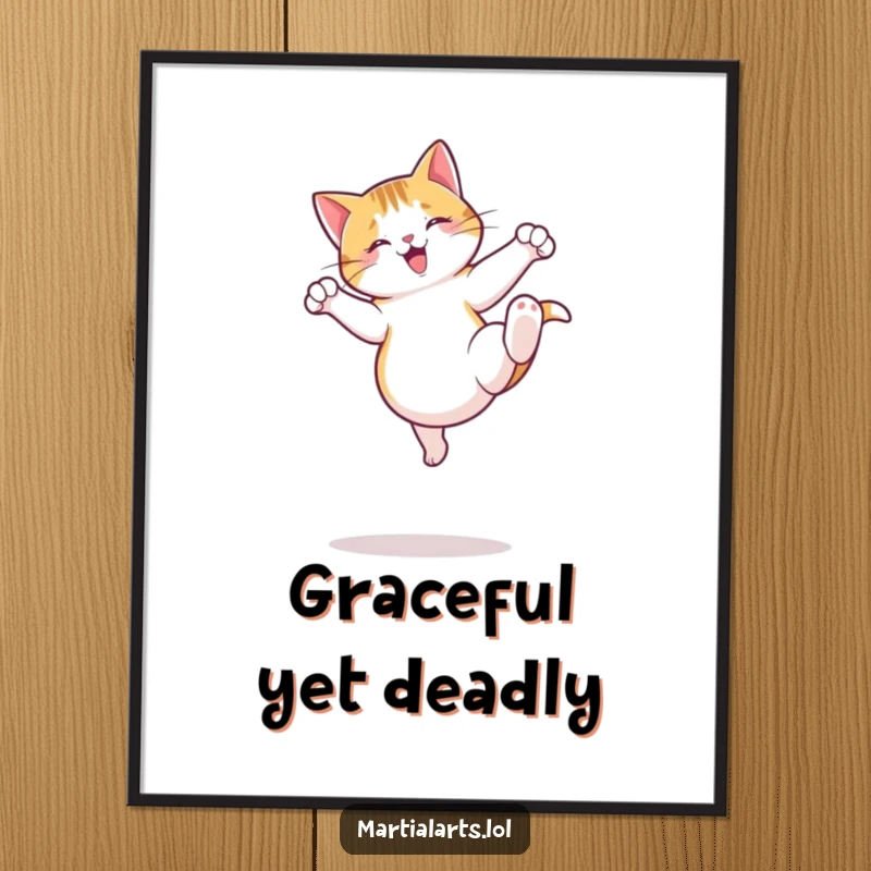 Funny Cat Poster of a jumping cat mid-air executing a playful roundhouse kick, bringing dynamic and humorous energy.