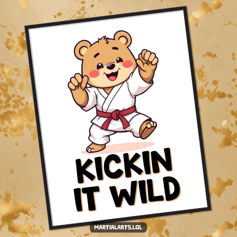 Funny karate bear poster, a happy bear in a dynamic mid-kick, martial arts inspired wall art that brings humor and energy to any space.