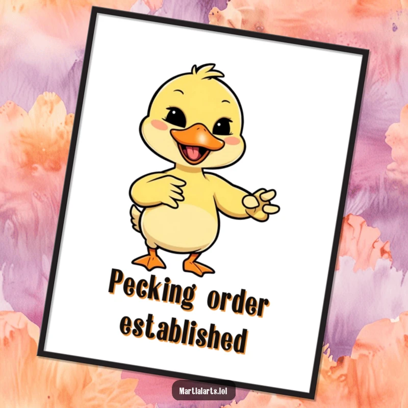 Funny duck with a giggle, mimicking a martial arts move with its beak, presented as dynamic wall art.