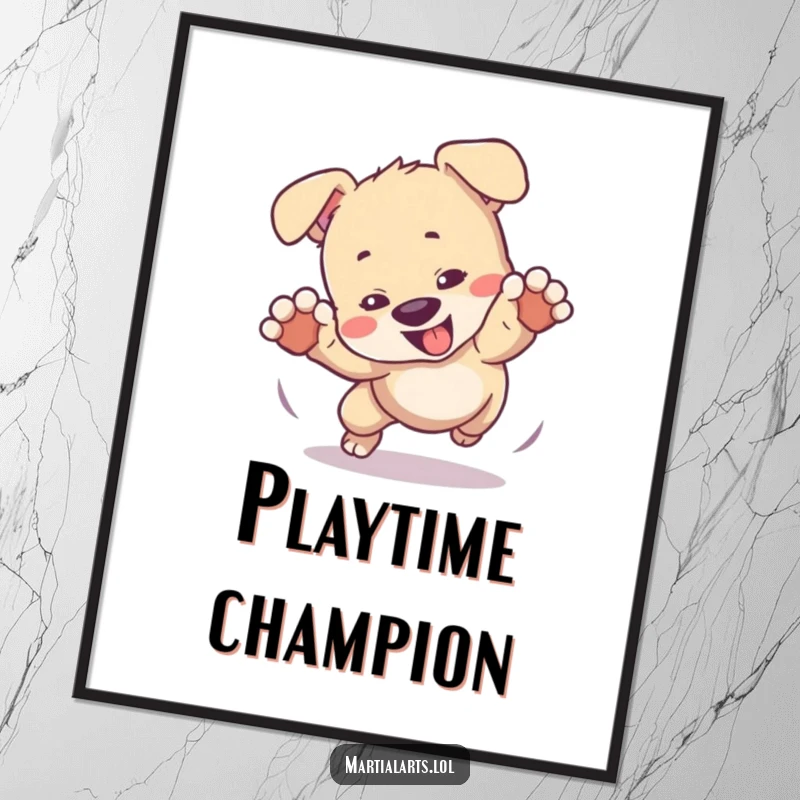 Funny poster of a playful puppy tumbling forward in a mock fight, full of boundless energy and cuteness.