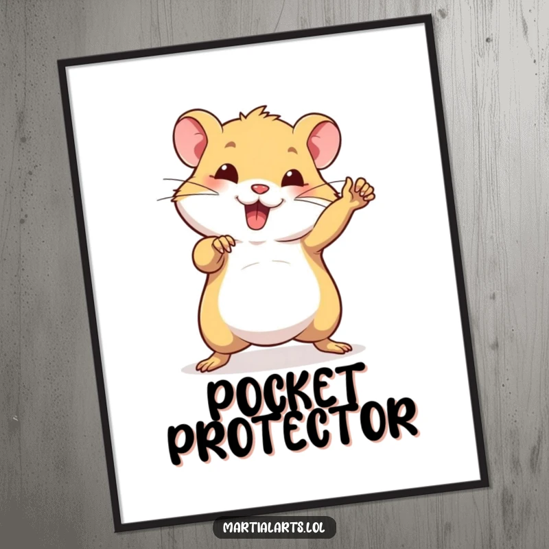 Funny poster depicting a confident hamster striking an impressive martial arts pose, exuding strength and comical energy.