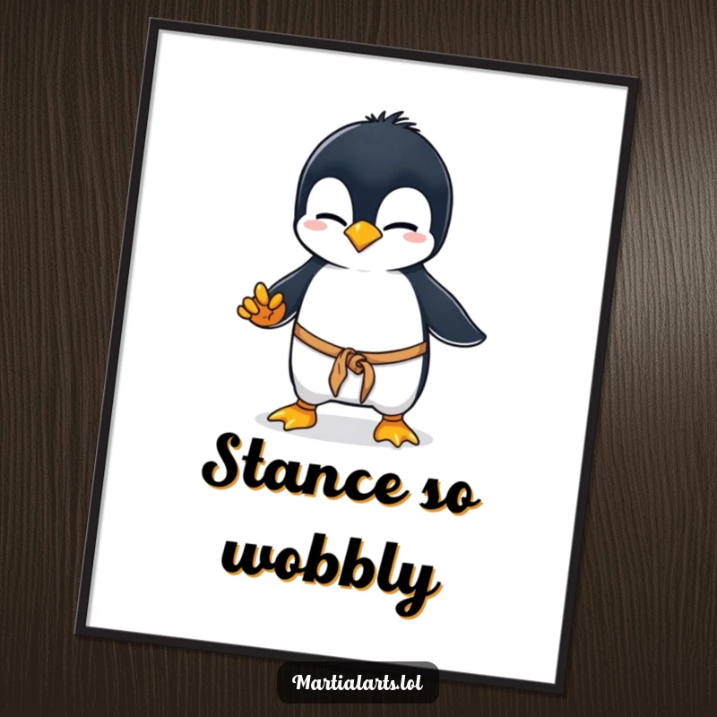 Funny penguin karate poster, a curious penguin wobbling in a clumsy martial arts stance, bringing adorable and humorous Antarctic vibes to your wall art.