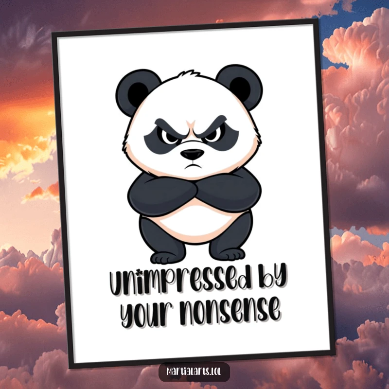 Funny panda poster showing a determined panda with crossed arms and a fierce, funny look, acting as a humorous wall guardian.
