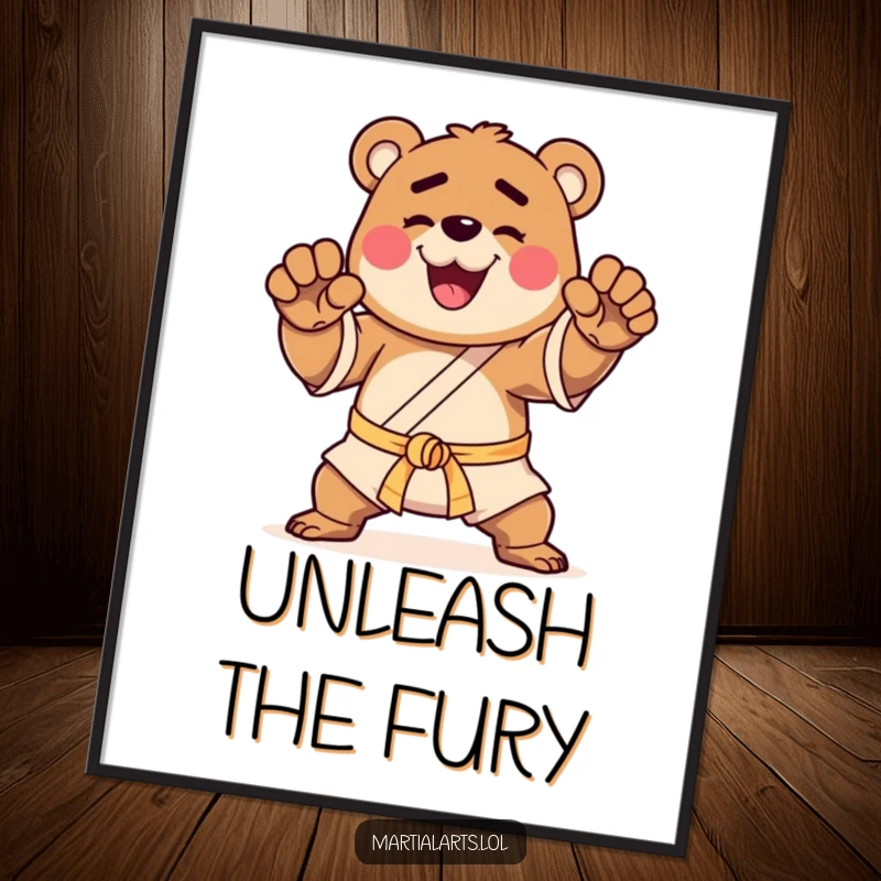 Funny poster of a happy bear striking a martial arts pose, ideal humorous and motivational wall art for fighters.