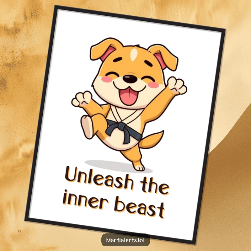 Funny Dog Poster of a happy dog in a karate stance, enthusiastically kicking its legs, bringing dynamic and humorous energy.